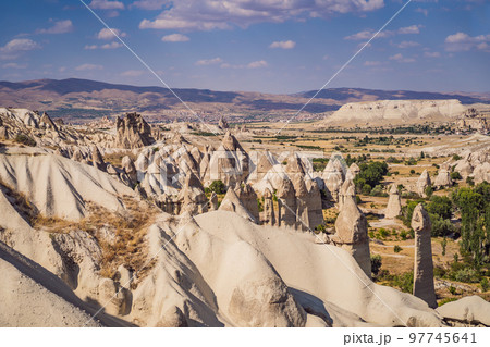 Unique geological formations in Love Valley in Cappadocia, popular travel destination in Turkey 97745641