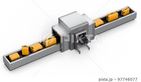 Airport luggage conveyor belt or baggage claim with X-ray scaner and suitcases 97746077