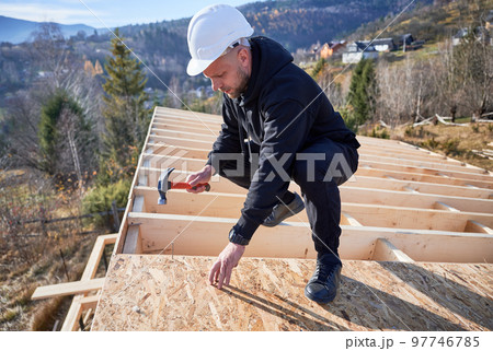 Carpenter hammering nail into OSB panel on the roof top of future cottage. Man worker building wooden frame house. Carpentry and construction concept. 97746785