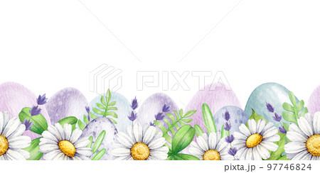 Easter floral festive seamless border with colored eggs. Watercolor illustration. Daisy, lavender spring flowers, green leaves seamless border. Vintage style decor element. White background Easter floral festive seamless border with colored eggs. Watercolor illustration. Daisy, lavender spring flowers, green leaves seamless border. Vintage style decor element. White background 97746824