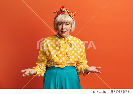 Nervous Woman Conflicting Studio. Disgruntled Grandmother Asking Reason 97747678