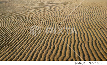 無数の波打った砂漣の線を残す砂浜 無数の波打った砂漣の線を残す砂浜 97748526