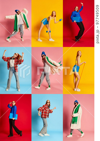 Collage. Full-length portraits of young redhead girl posing in different clothes over multicolored background. Lifestyle, hobby and occupation 97749509