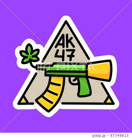 AK47 Cannabis Strain Sign Marijuana Package Sticker or T-shirt Design in Cartoon Graffiti Style 97749613