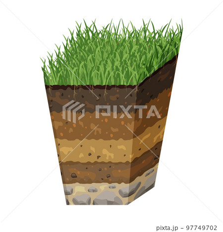 Soil in section. Volumetric image of structure of earth. Sector with layers of black soil and grass. 97749702