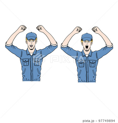 ガッツポーズをする白人作業員 97749894