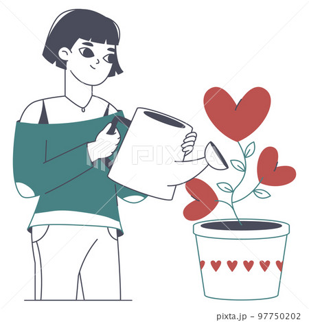 Happy woman in love, planting love hearts. Romantic cute girl fall in love flat vector illustration on white background. Love, valentines day scene Happy woman in love, planting love hearts. Romantic cute girl fall in love flat vector illustration on white background. Love, valentines day scene 97750202
