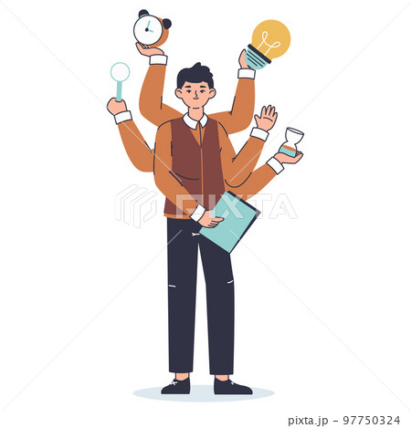Multitasking productive businessman, busy office worker. Businessman with many hands flat vector illustration on white background. Juggle multitasking employee doing many things 97750324
