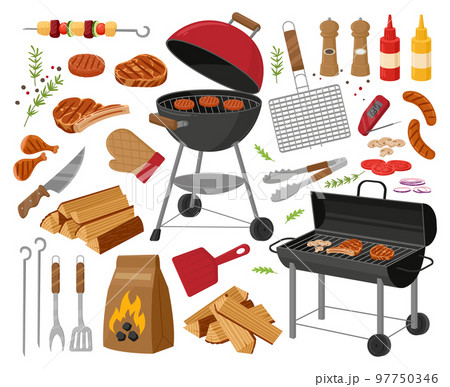 Cartoon bbq grill, roasted meat and vegetables. Barbecue party elements, grilled steak, sausages and bbq cooking tools flat vector illustration set. BBQ picnic collection 97750346