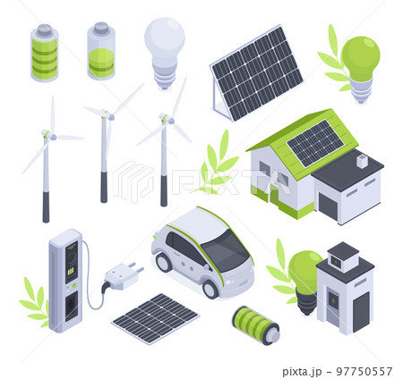 Isometric green energy, 3d alternative energy sources. Solar panels, electric car, wind generator and windmills, solar battery vector illustration set. Renewable energy elements collection 97750557