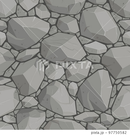 Cartoon grey rock stones texture seamless pattern. Granite pebble sidewalk, floor tile pattern vector background illustration. Granite texture backdrop 97750582