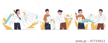 Online signature, business deal contract signing. Electronic signature, people signing official paper documents flat vector illustration. Business contract signing Online signature, business deal contract signing. Electronic signature, people signing official paper documents flat vector illustration. Business contract signing 97750622