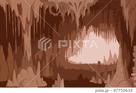 Cartoon cave, nature limestone stalactites and stalagmites. Geology mineral formations, growth natural rocks flat vector illustration. Cave limestone formations view 97750638