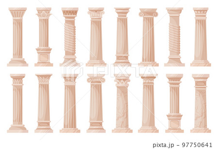 Roman pillars, cartoon antique architecture columns. Ancient greek ionic and doric ornamented pillars flat vector illustration collection. Greek classic column set 97750641