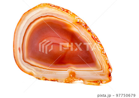Macro mineral orange agate in crystals on white background 97750679