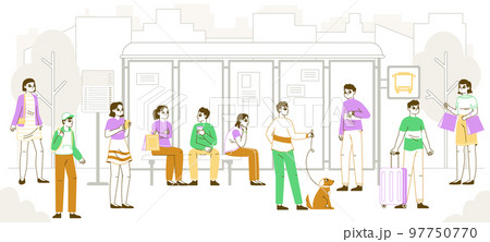 Passengers waiting bus on bus stop. Public transport, commuting, city bus standing and sitting on bench passenger characters flat vector illustration. Bus station waiting people 97750770