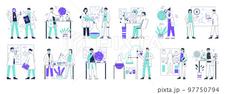 Lab scientists, flat medical, chemistry development. Biotechnology lab workers, laboratory researching work symbols illustration collection. Chemical scientific experiment scenes set Lab scientists, flat medical, chemistry development. Biotechnology lab workers, laboratory researching work symbols illustration collection. Chemical scientific experiment scenes set 97750794