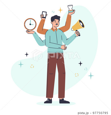 Multitasking man, productive business office worker. Professional multitasking juggle employee doing many things simultaneously flat vector illustration. Busy businessman Multitasking man, productive business office worker. Professional multitasking juggle employee doing many things simultaneously flat vector illustration. Busy businessman 97750795