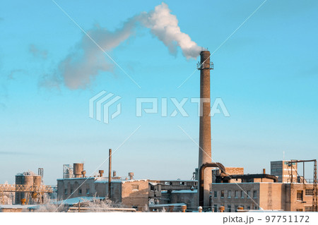 Steam pipe of the central boiler plant in a frozen winter day 97751172
