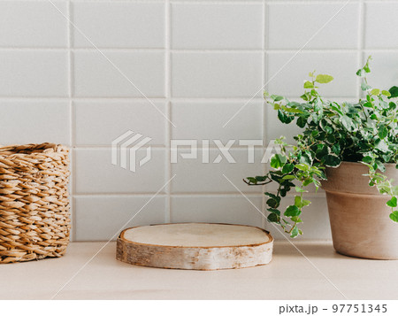 Natural round podium for bathing products, food ingredients, eco products 97751345