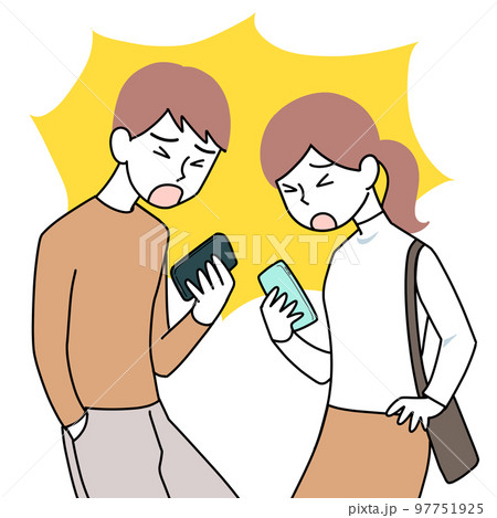 歩きスマホをしていてぶつかる男性と女性 97751925