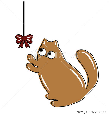 Cute cat playing bow on a rope, color vector illustration in cartoon style 97752233