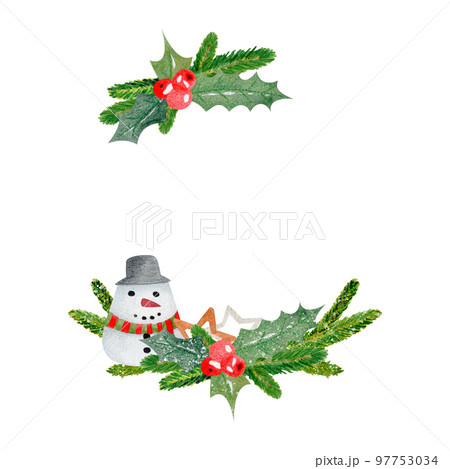 Watercolor christmas wreath with place for text (with snowman). For designing social media, stationery, printing on objects 97753034