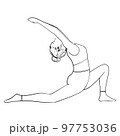 Vector illustration of woman practicing yoga. Self care training, balance, meditation. Hand drawn doodle of stratch postures. 97753036