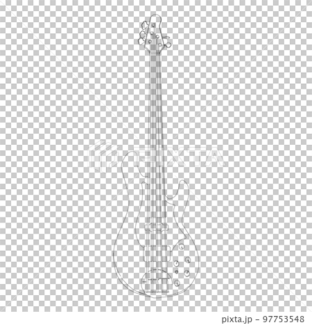 シンプルでおしゃれな5弦ベースのリアルな白黒線画イラスト素材 97753548