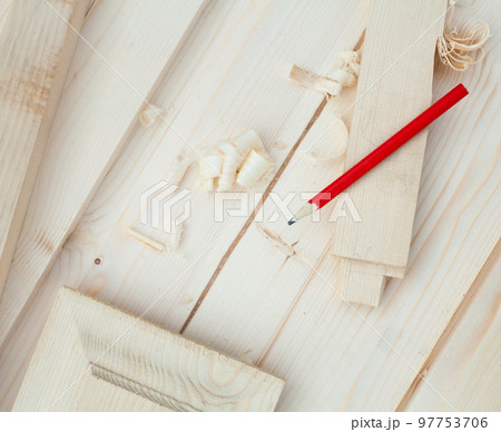 Wooden planks in a carpenter's workshop. 97753706