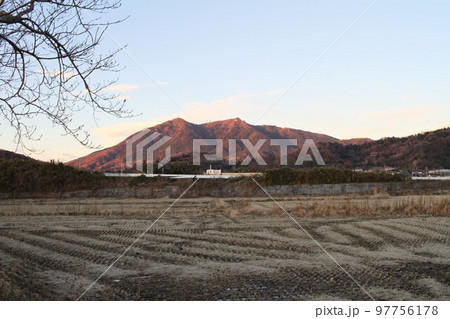 収穫後の田んぼのかなたに望む夕日に赤く染まった筑波山 97756178