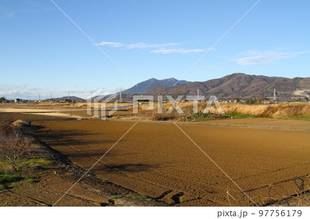 冬の大地と筑波山｜休耕地越しに望む関東の名峰 97756179