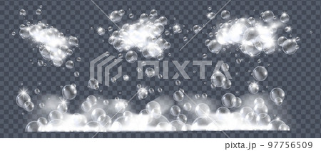 Soap foam bubbles, 3D vector isolated white bath cloud set, shampoo suds, realistic laundry texture 97756509