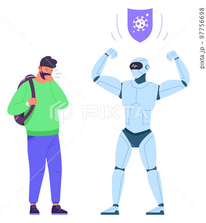 Robot advantage concept. Cyborg invulnerable to human disease Robot advantage concept. Cyborg invulnerable to human disease 97756698