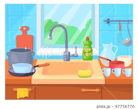 Clean shiny dishes in kitchen sink cartoon interior 97756770