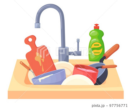 Dirty dishes in sink. Cartoon messy kitchen washのイラスト素材 [97756771] - PIXTA