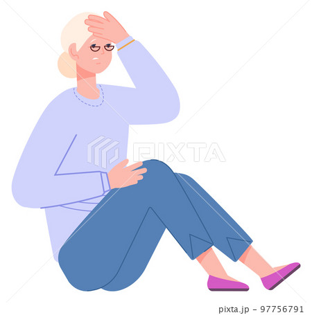 Old woman sit on floor after falling down. Elderly person hurting Old woman sit on floor after falling down. Elderly person hurting 97756791