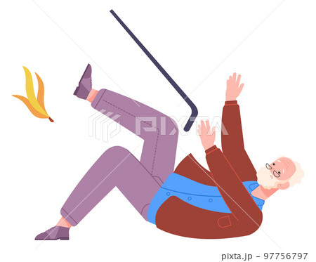 Old man slip on banana peel. Falling down accident Old man slip on banana peel. Falling down accident 97756797