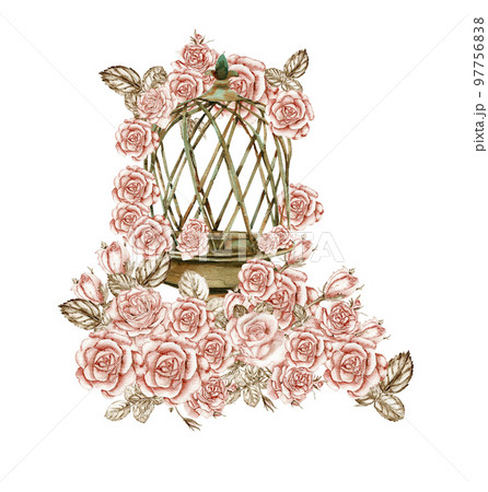 Watercolor illustration of rusty element with roses. An old rusty enamel element. Hand-drawn in watercolour on a white background. Perfect for wedding invitation, greetings card, posters, party decor. 97756838
