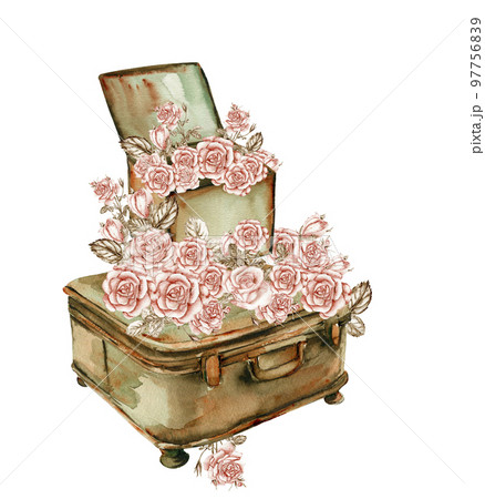 Watercolor illustration of rusty element with roses. An old rusty enamel element. Hand-drawn in watercolour on a white background. Perfect for wedding invitation, greetings card, posters, party decor. 97756839