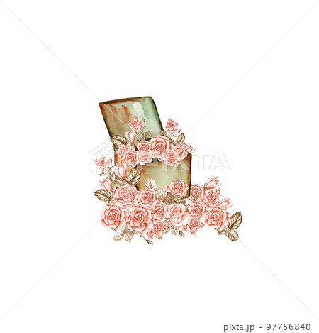 Watercolor illustration of rusty element with roses. An old rusty enamel element. Hand-drawn in watercolour on a white background. Perfect for wedding invitation, greetings card, posters, party decor. 97756840