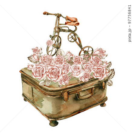 Watercolor illustration of rusty element with roses. An old rusty enamel element. Hand-drawn in watercolour on a white background. Perfect for wedding invitation, greetings card, posters, party decor. 97756841
