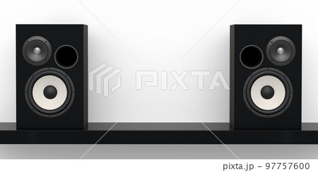 Hi-fi speakers with loudspeakers for sound recording studio on white background. 97757600