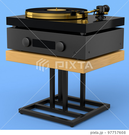 HiFi system with DJ turntable and amplifier on stand for home theater on blue. 97757608