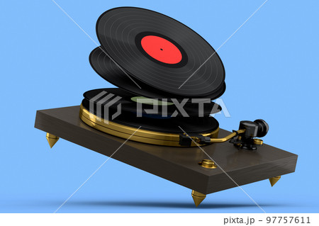 Vinyl record player or DJ turntable with flying vinyl plate on blue background. 97757611