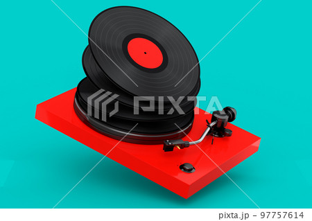 Vinyl record player or DJ turntable with flying vinyl plate on green background. 97757614