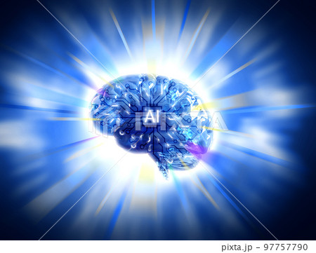 3D rendering of Artificial Intelligence brain technology with a circuit board inside over a shiny background 97757790