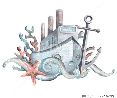 A boat, a steamer with waves, an anchor, corals and a starfish. Watercolor illustration. Composition from the collection of WHALES. For beach, summer and sea decoration and design. 97758299