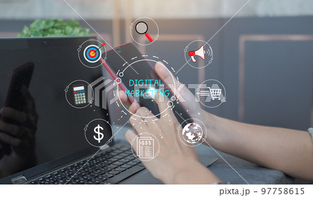 Concept digital marketing materials Advertise your website, email, social network, SEO, video, mobile app with icons and analyze ROI and strategy. Concept digital marketing materials Advertise your website, email, social network, SEO, video, mobile app with icons and analyze ROI and strategy. 97758615
