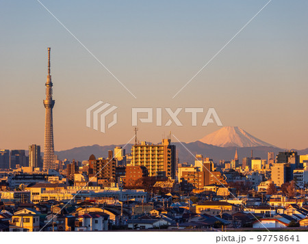 快晴の冬の朝　市川市里見公園から望む東京スカイツリーと富士山 97758641